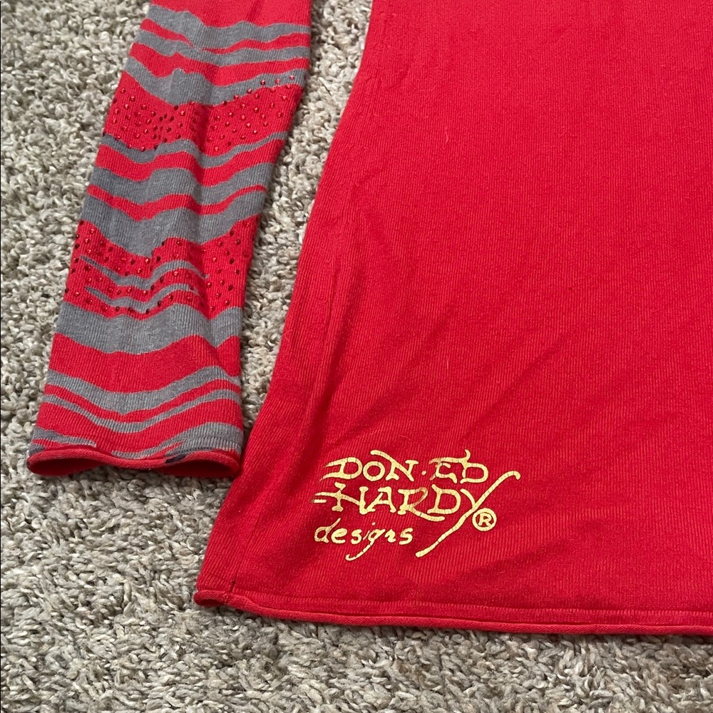 Ed Hardy by Christian Audigier tattoo art Red and Gray Long Sleeve Top - Picture 7 of 9